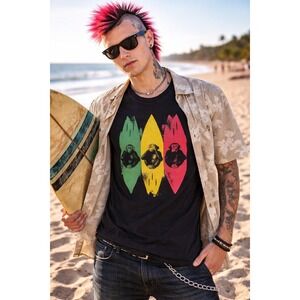Hang Ten Mens Black Rasta Surfboard Monkey Graphic T-Shirt Large beach vibes Y2K